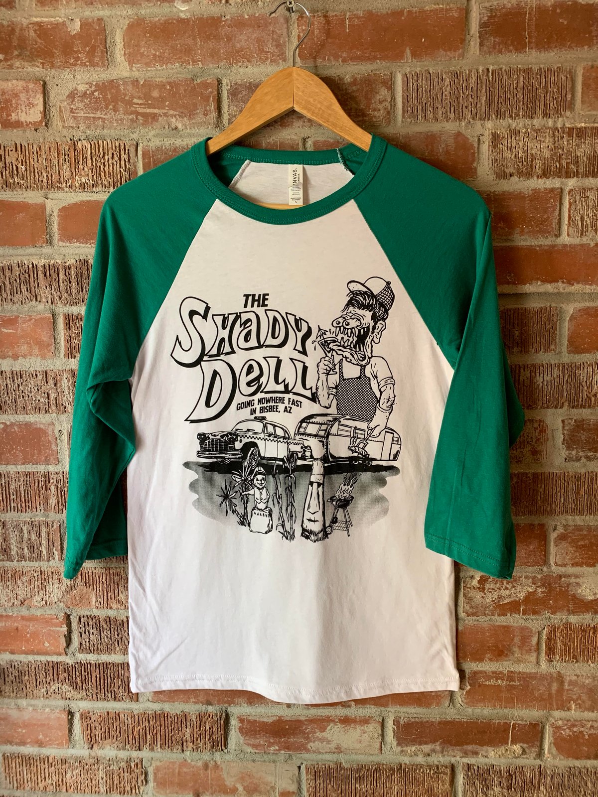 Raglan Baseball Tee with NEW Design and Green Sleeves / The Shady Dell