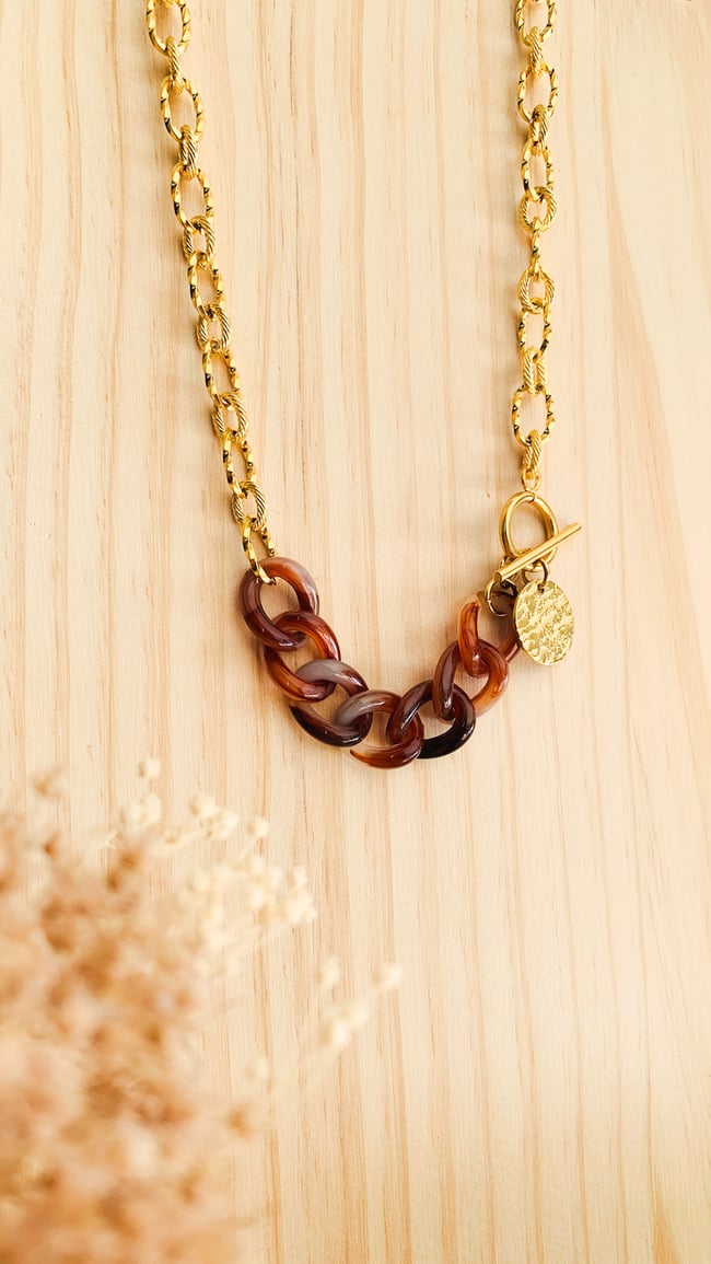 TONI | Collier chaîne grosse maille acrylique & acier inox doré