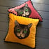 Velvet cotton with embroidered cat patch cushion cover and black pom poms Image 4