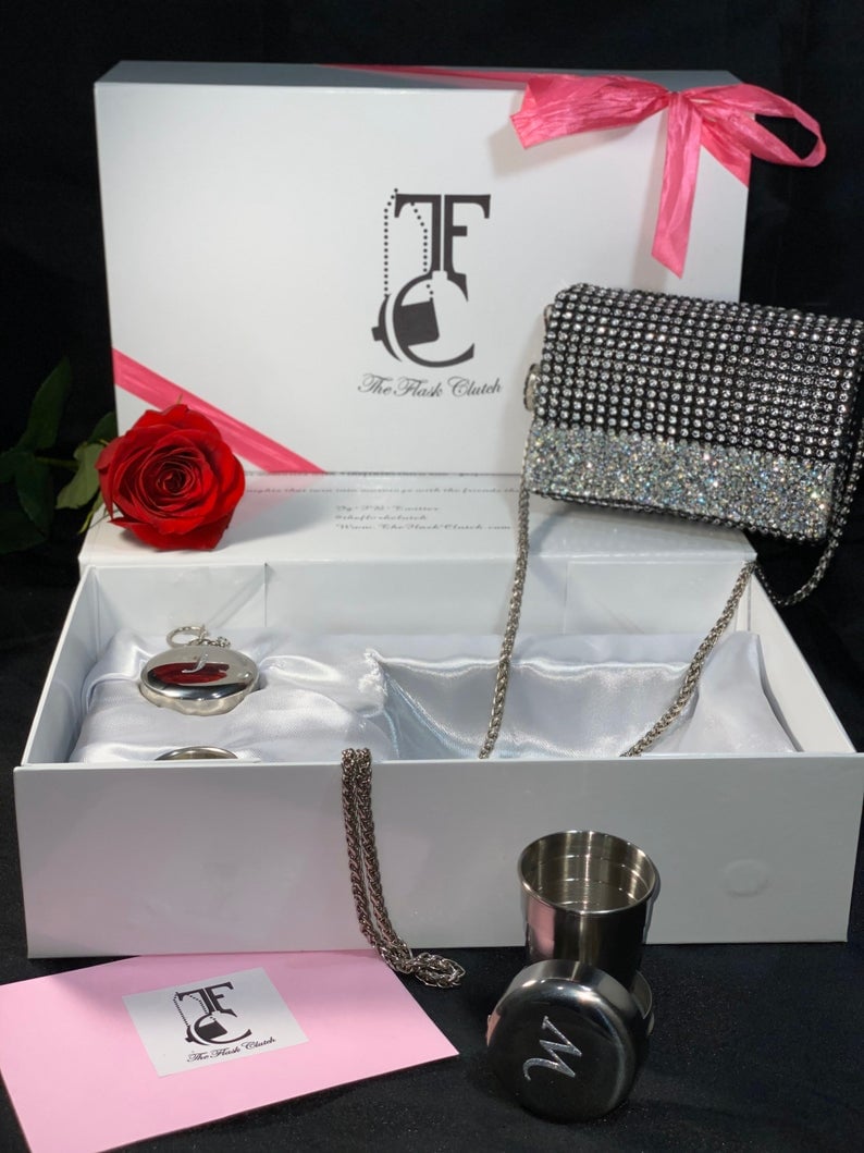 8 OZ BLING BLACK FLASK PURSE GIFT SET