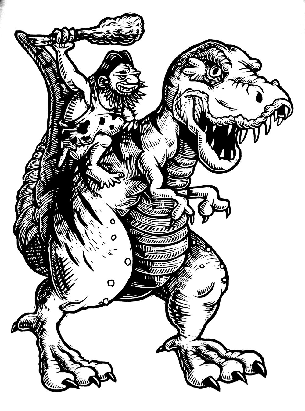 Into battle! T-rex and Caveman T-shirt (B1) **FREE SHIPPING**