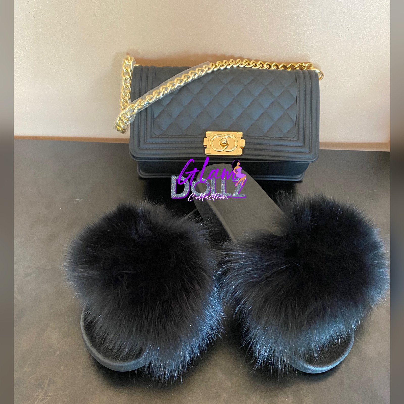 fur slides with matching purse