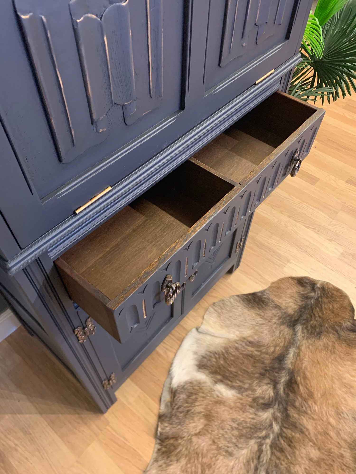 Image of Solid oak drinks cabinet in dark grey & gold.