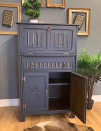 Image 4 of Solid oak drinks cabinet in dark grey & gold.
