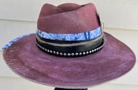 Image 1 of Handmade Torch Burned Wine Fedora Hst, Roses, Feathers & Pin-Up Girl