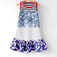 Image 2 of daisy butterfly stripe vintage fabric upcycled 4/5 courtneycourtney tank shift dress red white blue