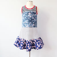 Image 1 of daisy butterfly stripe vintage fabric upcycled 4/5 courtneycourtney tank shift dress red white blue