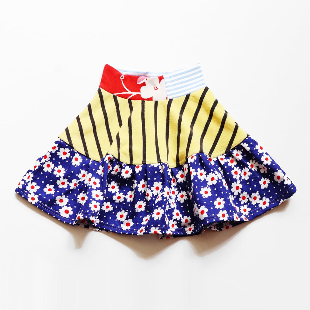 Image of daisy gold stripe navy blue red stripes flowers vintage fabric size 2 two print bright flouncy skirt