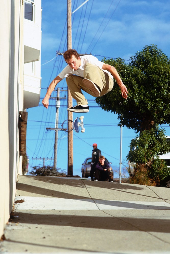 Dan Drehobl, kickflip 18th st at Connecticut st San Francisco 1993 by Tobin Yelland