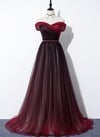 Beautiful Beaded Tulle Dark Red Gradient Evening Dress, Long Prom Dress