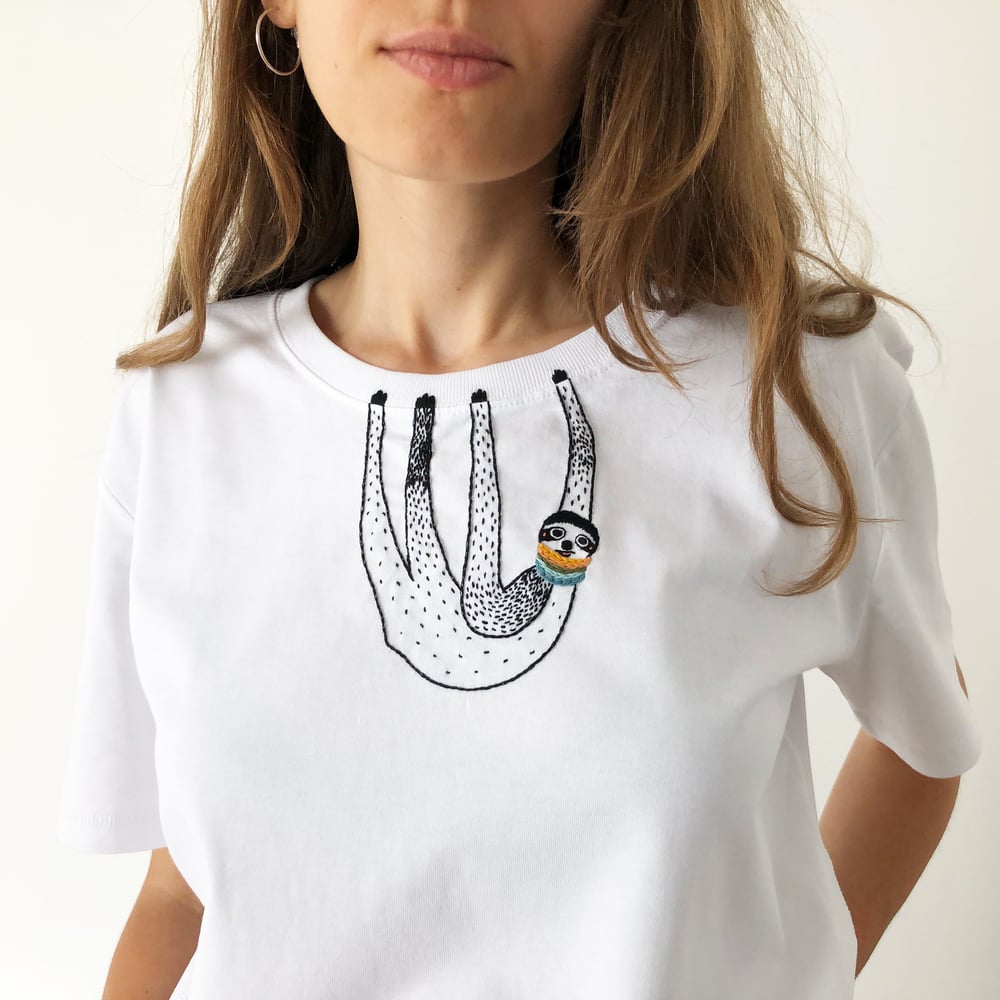 Image of Reserved for Sandra: Sloth tshirt - hand embroidered original illustration on 100% organic cotton