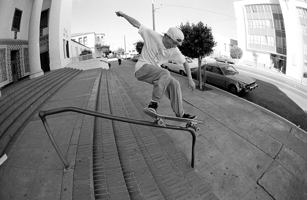 Danny Sargent, first 50-50 on a handrail in a magazine, 1988 by Tobin Yelland