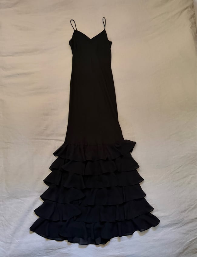 vintage black chiffon tiered ruffle mermaid slip dress maxi sheet