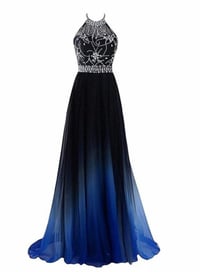 Image 1 of Black and Blue Gradient Long Party Dress, Beaded Halter Formal Dress