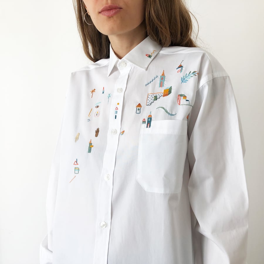 Image of In a search for the feeling of home - hand embroidered 100% cotton shirt, size Small, unisex design