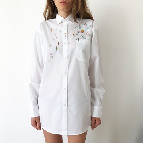 Image of In a search for the feeling of home - hand embroidered 100% cotton shirt, size Small, unisex design