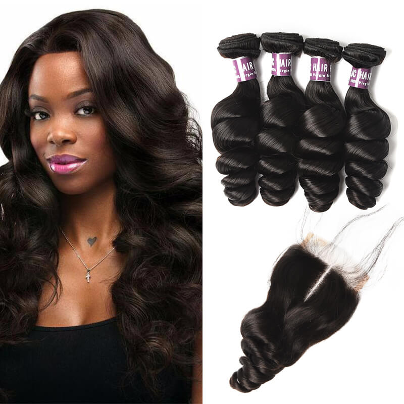 Image of 4 Bundles of Brazilian Loose Wave Hair w/Lace Closure