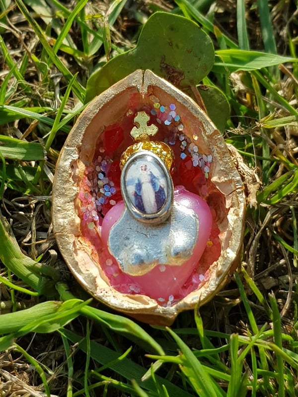 Image of Walnut Shrine (Baby pink sacred heart with bust and saint charms and brilliant gold crown)