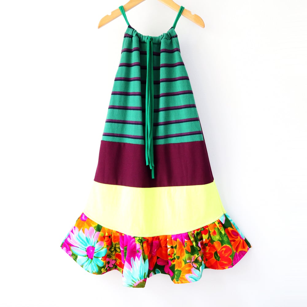 Image of neon vintage fabric stripe flower 8/10 tie drawstring sundress dress floral green stripes plum 