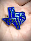 “YEE-HAW!” Texas shaped Enamel pin • Chrome and navy royal blue • 