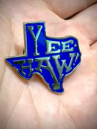 Image 1 of “YEE-HAW!” Texas shaped Enamel pin • Chrome and navy royal blue • 