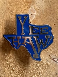 Image 4 of “YEE-HAW!” Texas shaped Enamel pin • Chrome and navy royal blue • 