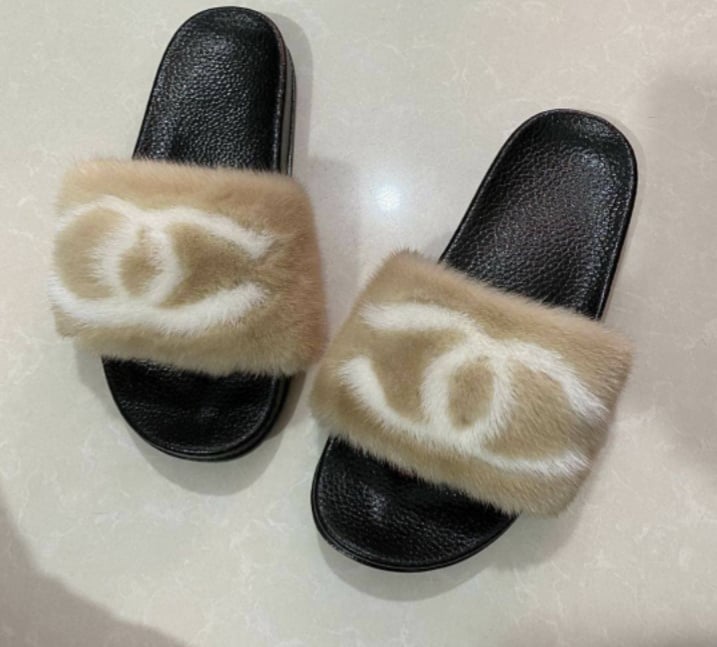 chanel furry slippers