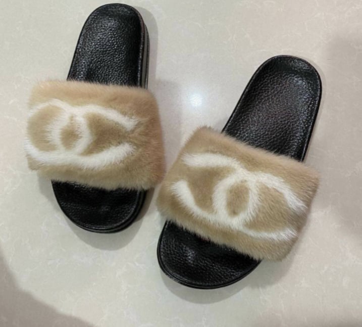 chanel fur slippers