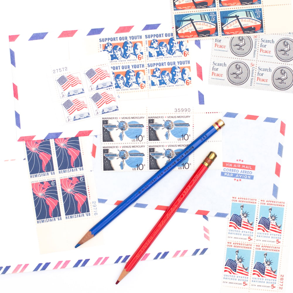 Image of Red, White, & Blue Postage Stamp Blocks - Set of 12