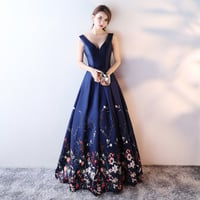 Image 2 of Navy Blue Long Satin Prom Dress, Floral Wedding Party Dress