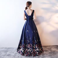 Image 3 of Navy Blue Long Satin Prom Dress, Floral Wedding Party Dress