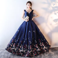 Image 1 of Navy Blue Long Satin Prom Dress, Floral Wedding Party Dress