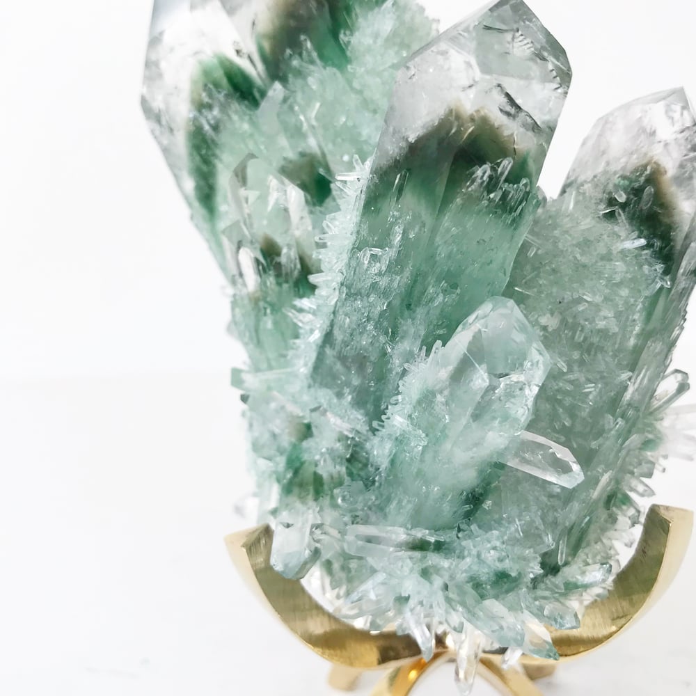 Image of Green Phantom Quartz Crystal Cluster no.06 + Brass Claw Stand