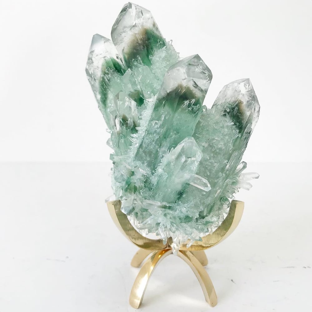 Image of Green Phantom Quartz Crystal Cluster no.06 + Brass Claw Stand