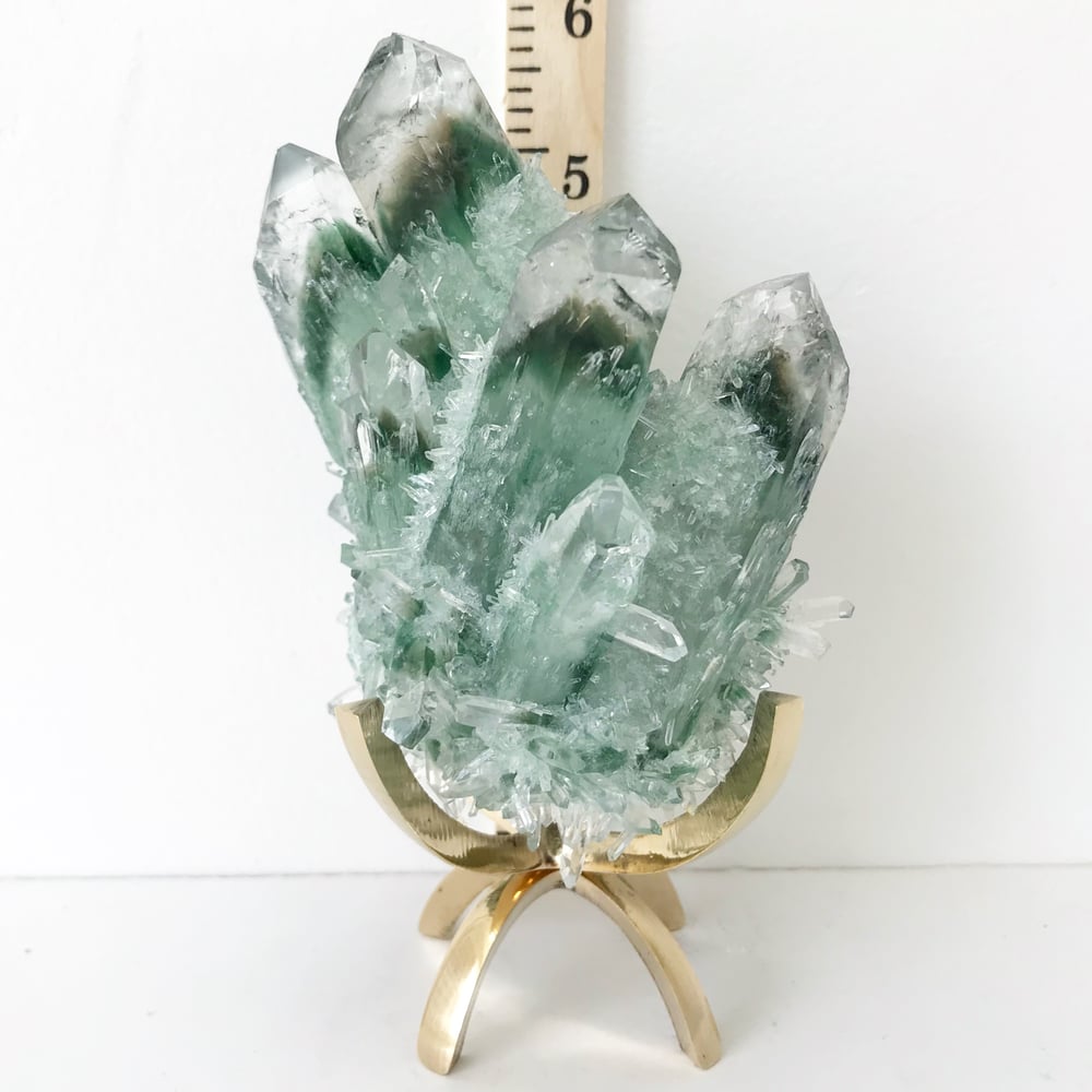 Image of Green Phantom Quartz Crystal Cluster no.06 + Brass Claw Stand