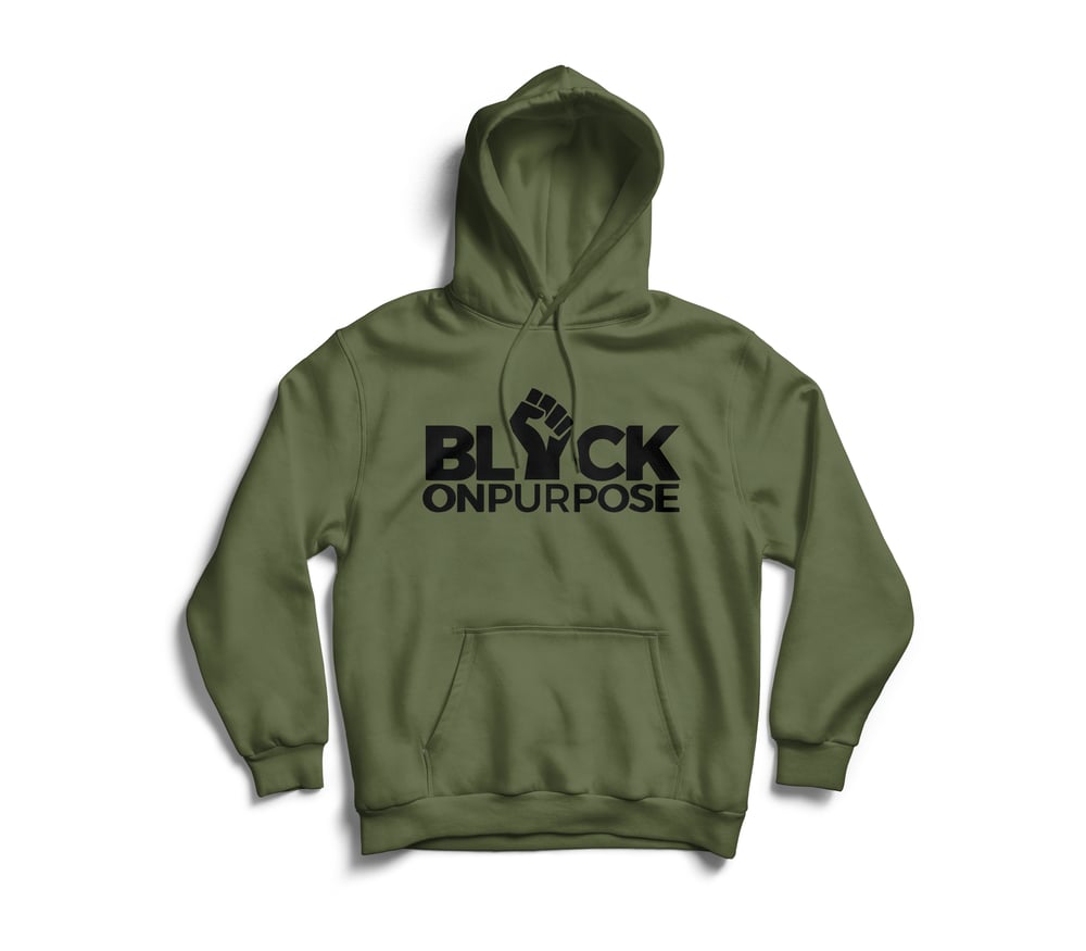 Image of Adult Military Green Black Felt "Black On Purpose" Hoodie