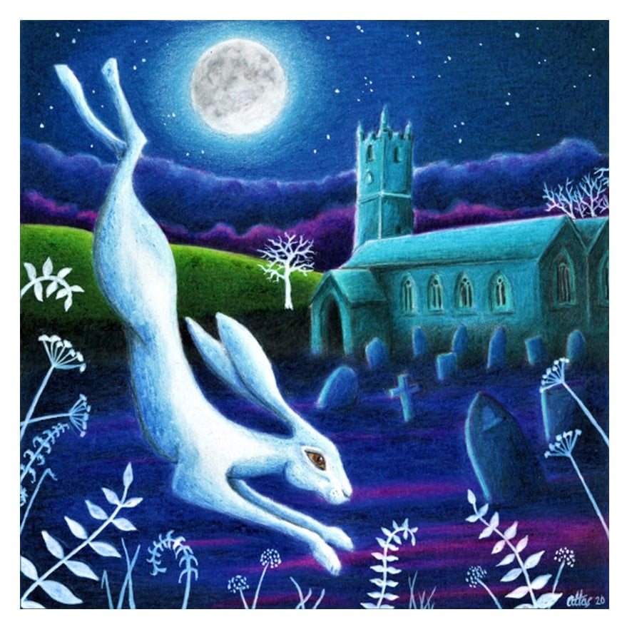 Image of White Rabbit of Egloshayle folk-art card