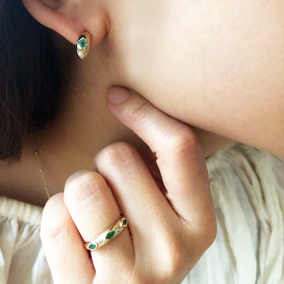 Image of Victorian emerald mini hoop earring