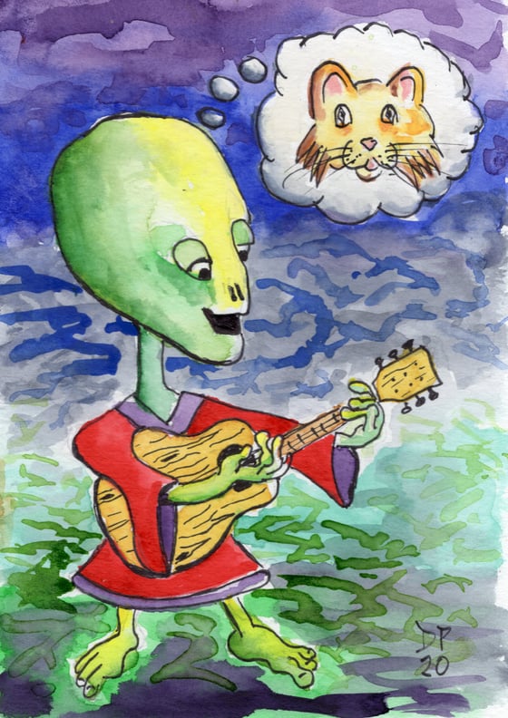 Image of "Alien Cat Thoughts" original watercolor painting by Dan P.