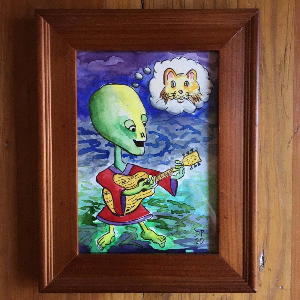 Image of "Alien Cat Thoughts" original watercolor painting by Dan P.