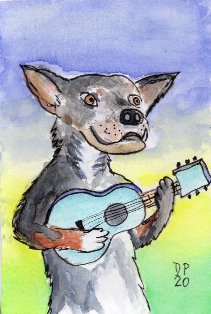 Image of "Doggo Strummer" all original watercolor painting by Dan P.