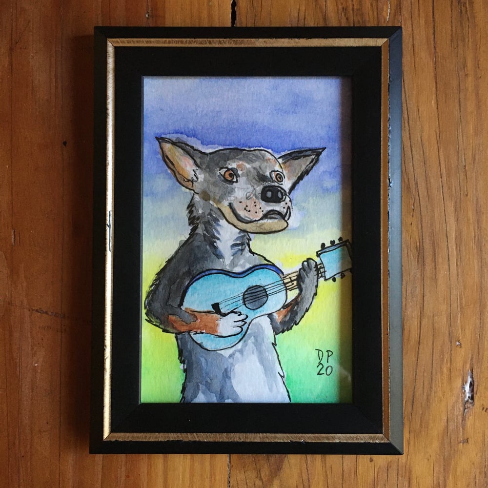 Image of "Doggo Strummer" all original watercolor painting by Dan P.