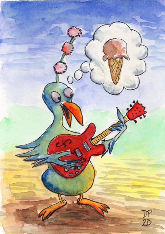 Image of "Ice Cream Pom Pom 335 Strummer Bird" - Original watercolor painting by Dan P.
