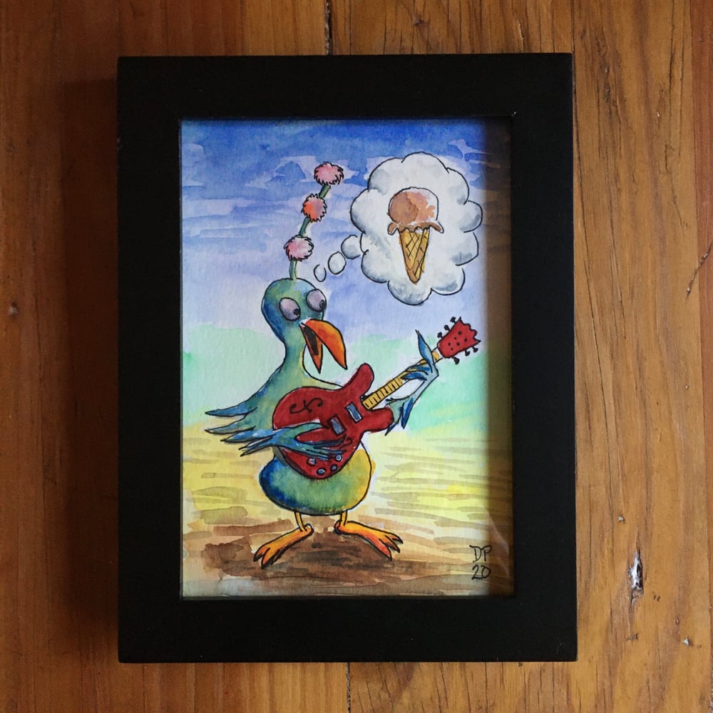 Image of "Ice Cream Pom Pom 335 Strummer Bird" - Original watercolor painting by Dan P.