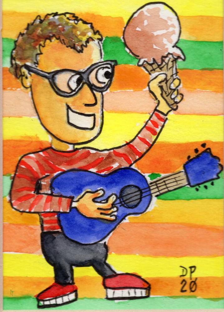 Image of "Ice Cream Strummer- Blue Guitar" -original watercolor painting by Dan P.