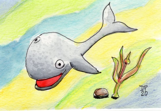 Image of "Whale Buddy With Seaweed and Rock" Original watercolor painting by Dan P.
