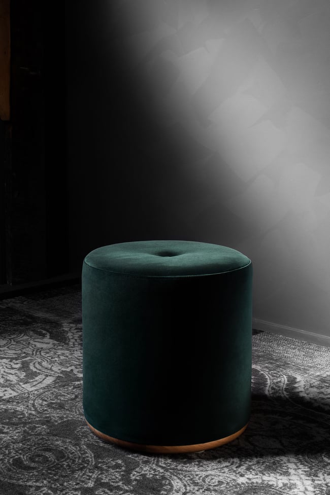  LINA OTTOMAN - GREEN VELVET WITH A SOLID TASMANIAN OAK BASE