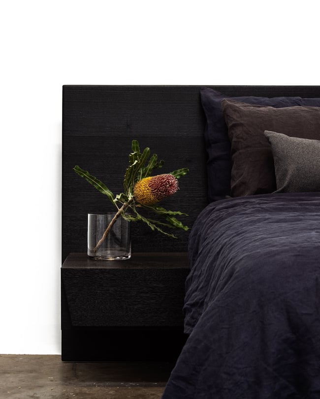 FLOATING BED WITH CLIPPED WING DRAWERS IN TORCHED TASMANIAN OAK