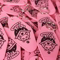Image 3 of House Cat retro motel / hotel keyring - key tag - introvert - pink or purple key chain