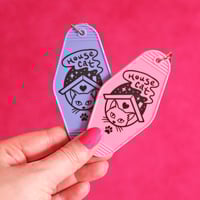 Image 5 of House Cat retro motel / hotel keyring - key tag - introvert - pink or purple key chain